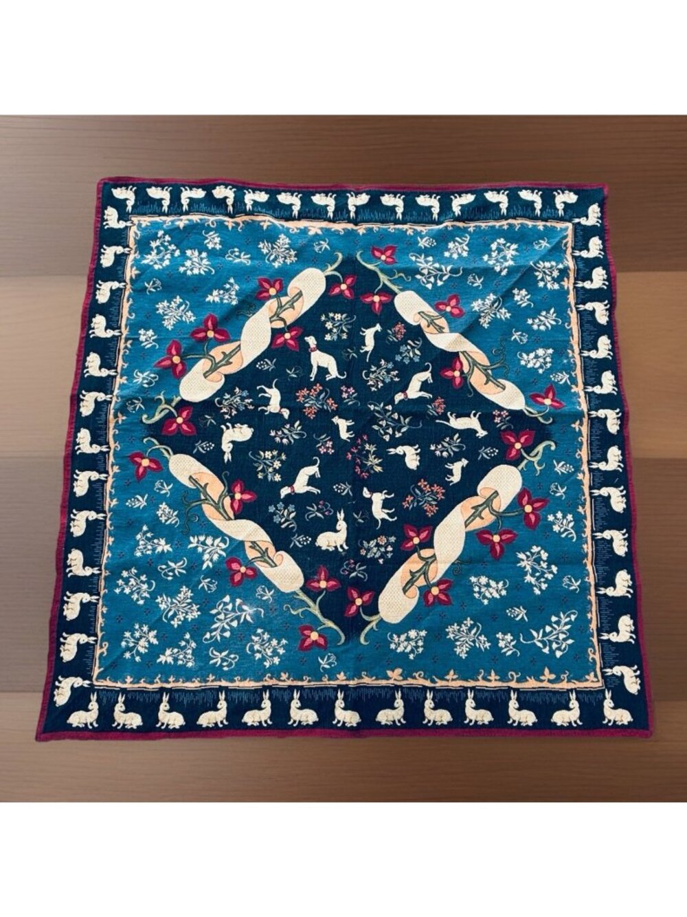 JULES PANSU Blue Medieval 56" Square Jacquard Throw Tapestry France Rabbits Dogs